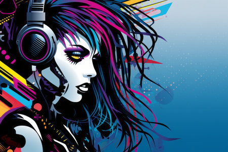 an illustration of a woman with headphones on her headの素材