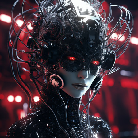 an image of a woman in a futuristic suit with glowing red eyesの素材