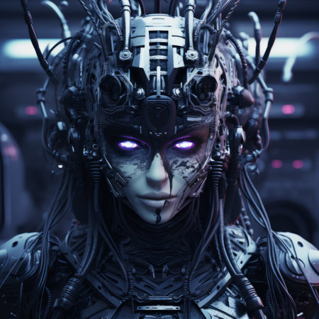 an image of a woman in a futuristic suit with purple eyesの素材