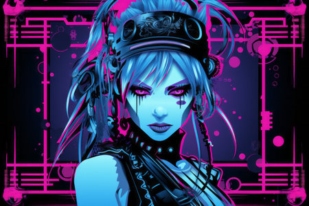 an image of a woman with blue hair and pink eyesの素材