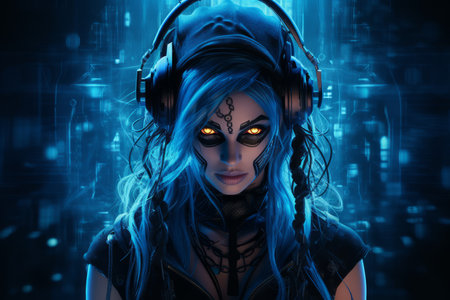 an image of a woman with blue hair and headphonesの素材