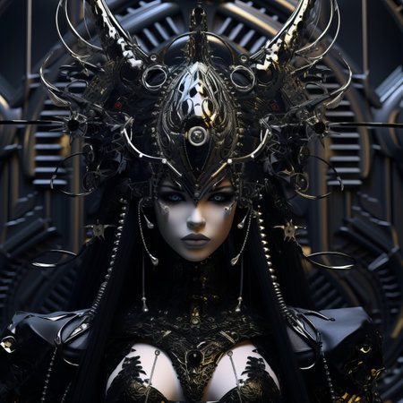 an image of a woman in black and gold with horns on her headの素材