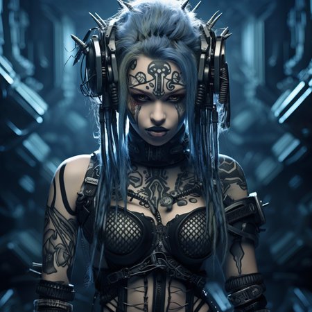 an image of a woman with blue hair and tattoosの素材