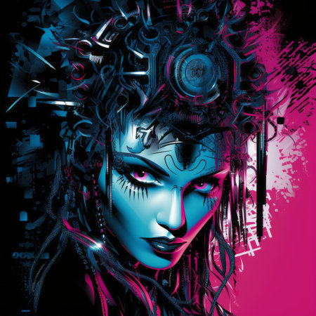 an image of a woman with blue and pink makeupの素材