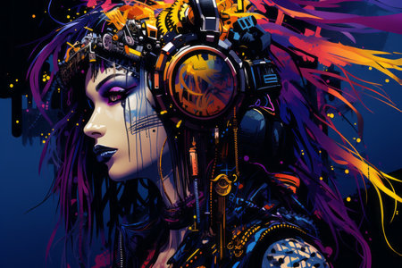 an image of a woman with colorful hair and headphonesの素材