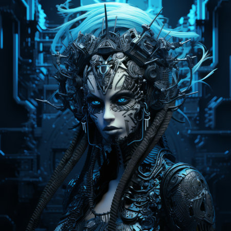 an image of a woman with blue hair in a futuristic settingの素材