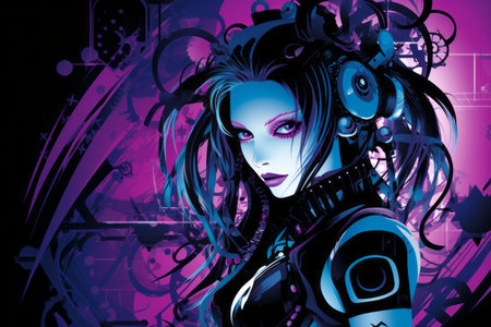an image of a woman with blue and purple hairの素材