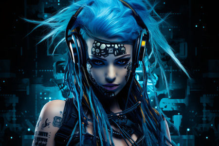 an image of a woman with blue hair and headphonesの素材