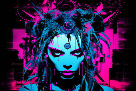 an image of a woman with blue and pink paint on her faceの素材
