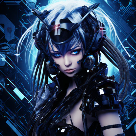 an image of a woman with blue eyes and black hairの素材