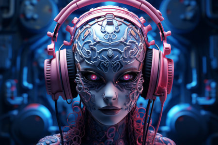 an image of a woman with headphones on her headの素材