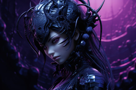an image of a woman in black armor with purple hairの素材