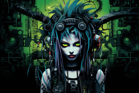 an image of a woman with green eyes and hornsの素材