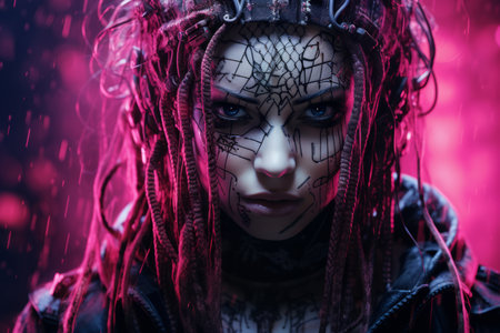 an image of a woman with dreadlocks and a spider web on her faceの素材