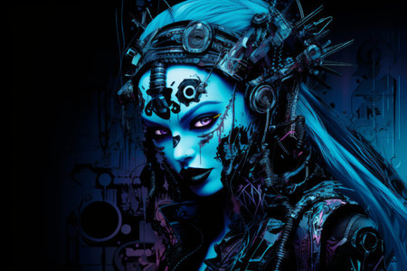 an image of a woman with blue hair and gears on her faceの素材