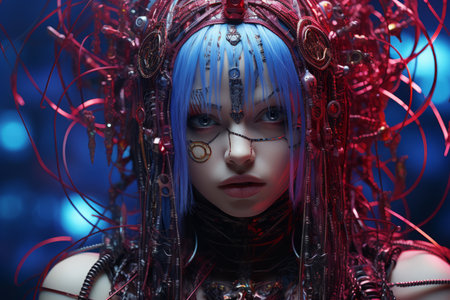 an image of a woman with blue hair and red hairの素材