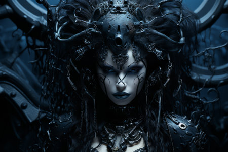 an image of a woman with black hair and dark makeupの素材