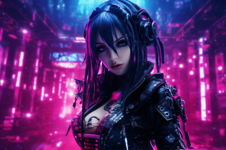 an image of a woman with dark hair and neon lightsの素材