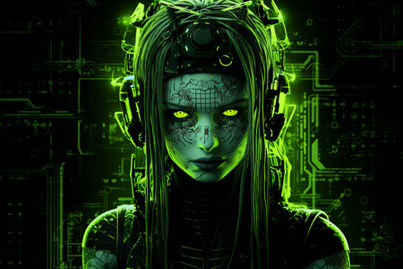 an image of a woman with glowing green eyesの素材