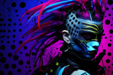 an image of a woman with colorful hair and makeupの素材