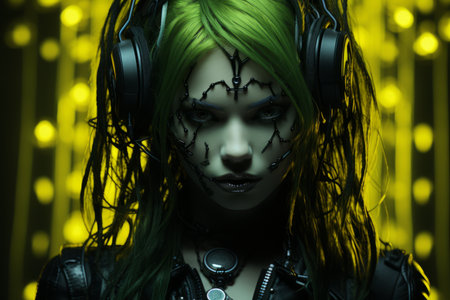 an image of a woman with green hair and headphonesの素材