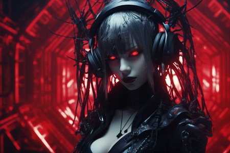 an image of a woman with headphones and red eyesの素材