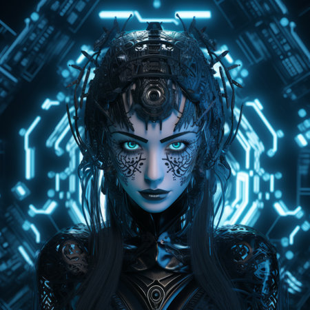 an image of a woman in a futuristic suit with blue eyesの素材