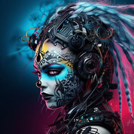 an image of a woman with blue and pink makeup on her faceの素材