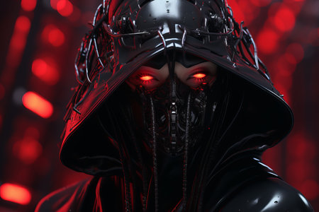 an image of a woman wearing a black hood and red eyesの素材