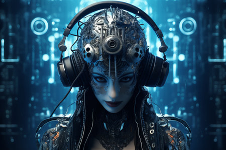 an image of a woman with headphones on her headの素材