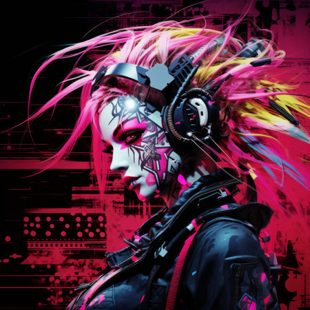 an image of a woman with pink hair and headphonesの素材