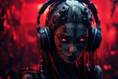 an image of a woman with headphones on her headの素材