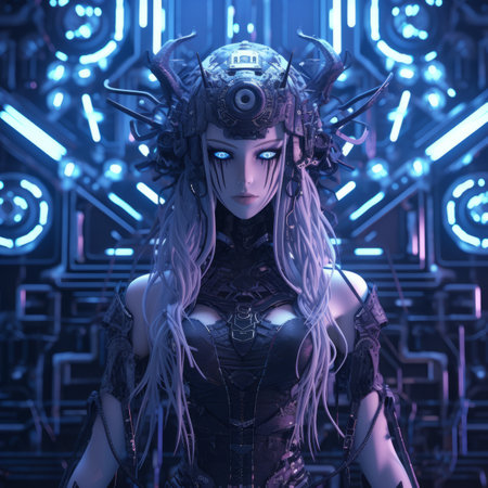 an image of a woman with long white hair and blue eyes standing in front of a futuristic backgroundの素材