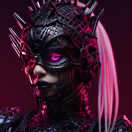 an image of a woman with pink eyes and a black maskの素材