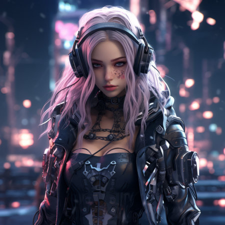 an image of a woman with pink hair and headphonesの素材