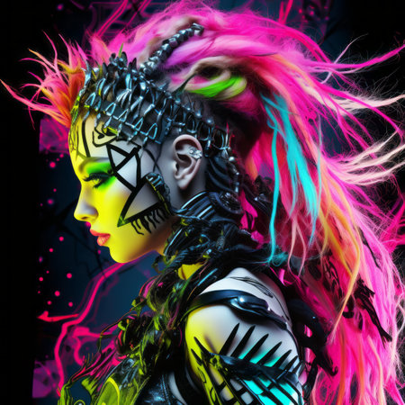 an image of a woman with neon hair and makeupの素材