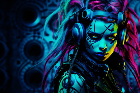 an image of a woman with neon hair and headphonesの素材