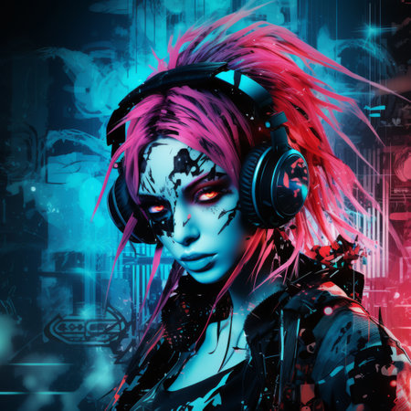 an image of a woman with pink hair and headphonesの素材