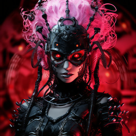 an image of a woman with pink hair and red eyesの素材