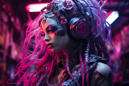 an image of a woman with pink hair and headphonesの素材