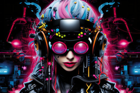 an image of a woman with pink hair and headphonesの素材