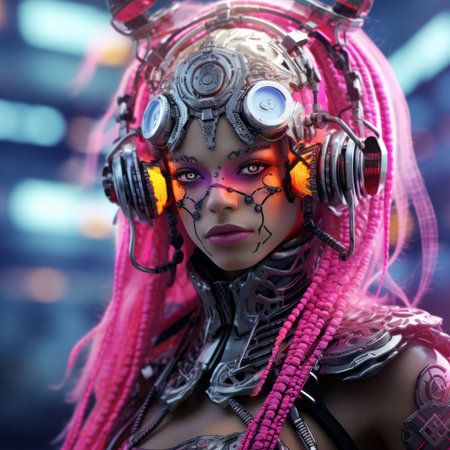 an image of a woman with pink hair and headphonesの素材