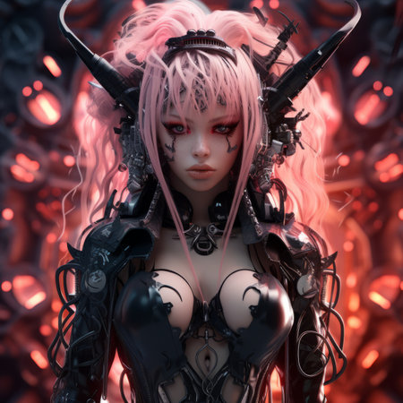 an image of a woman with pink hair and hornsの素材