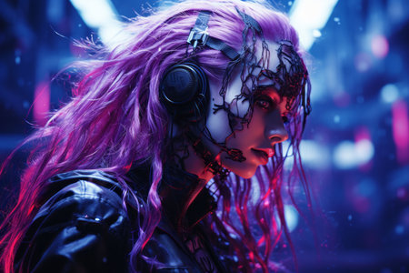 an image of a woman with purple hair and headphonesの素材
