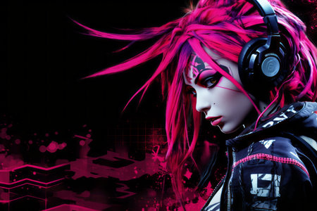 an image of a woman with pink hair and headphonesの素材