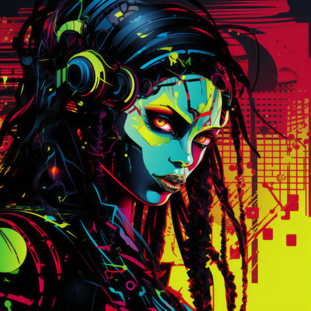 an image of a woman with neon makeup and headphonesの素材