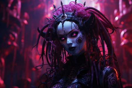 an image of a woman with purple hair and red eyesの素材