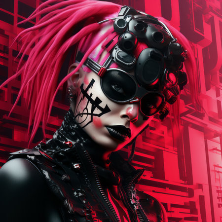 an image of a woman with pink hair and black makeupの素材