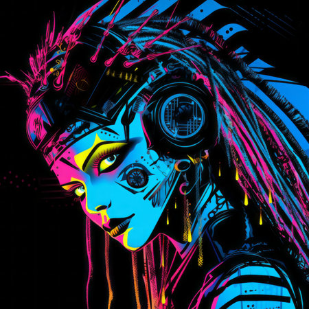 an image of a woman with neon makeup and headphonesの素材