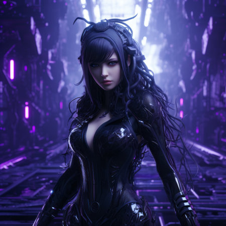 an image of a woman with long black hair in a futuristic settingの素材
